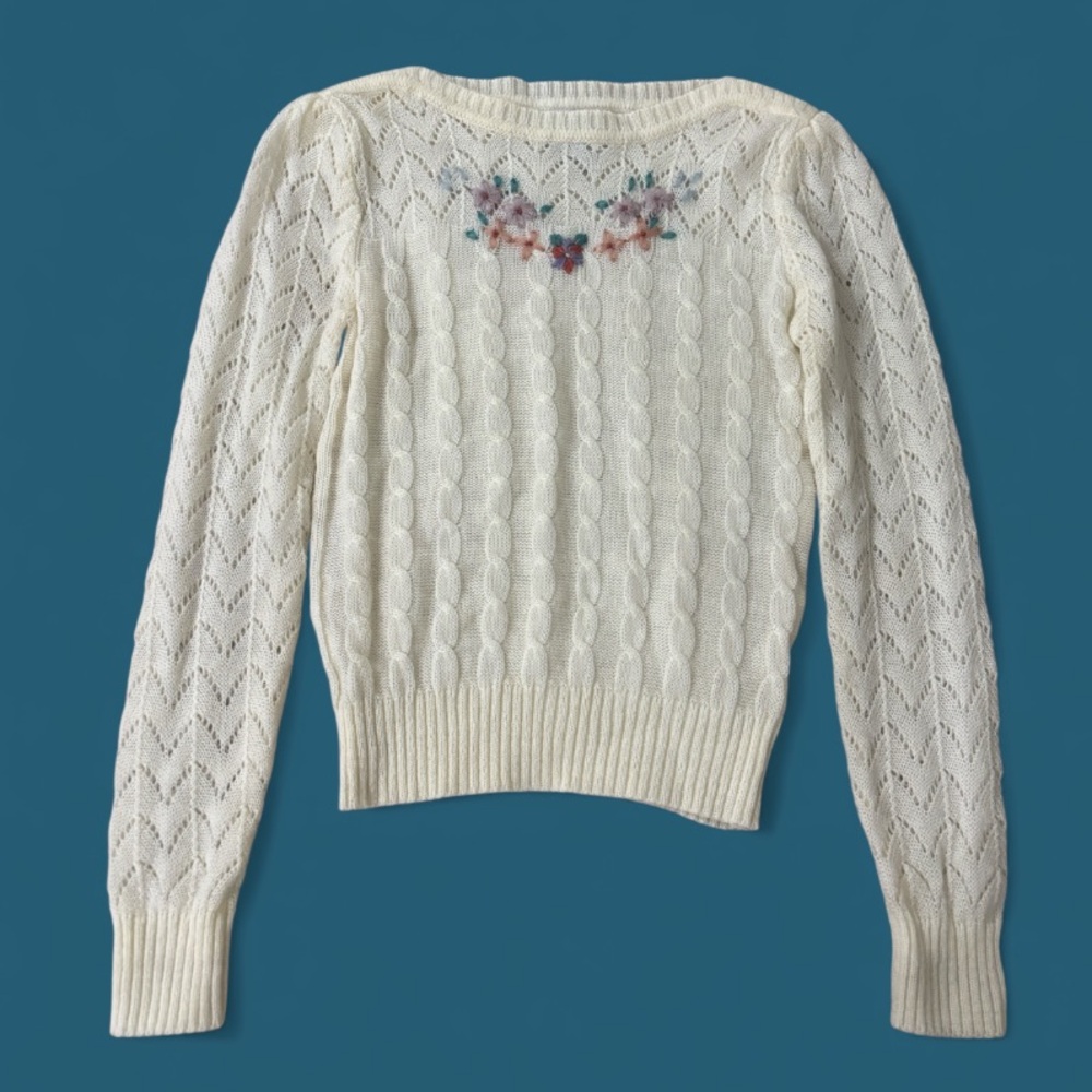 Collage Floral Beige Long‎ Sleeve Sweater vintage 80s Size M